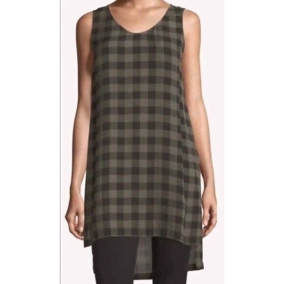 Eileen Fisher 100% Silk Sheer Plaid Sleeveless‎ Hi Low Tunic Black Olive Green S - Picture 1 of 10
